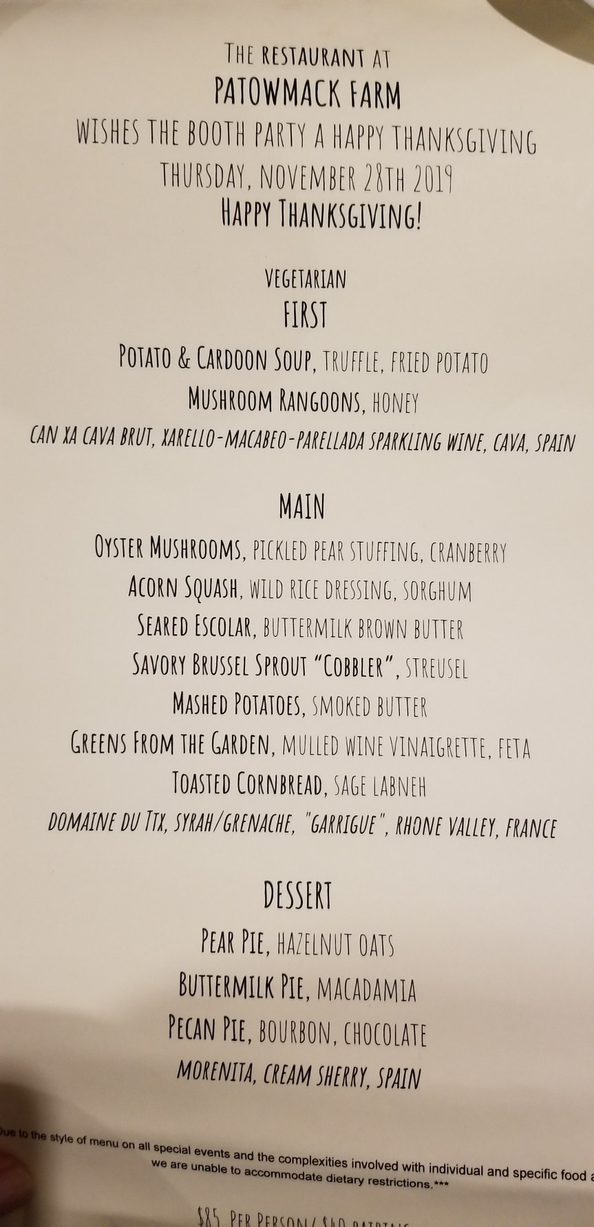 Patowmack Farm vegetarian Thanksgiving menu